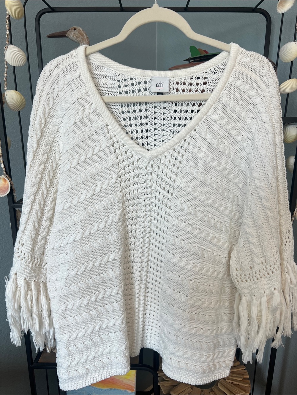 CAbi Cream Cable-Knit V-Neck Sweater with Fringe Sleeves size small runs BIG